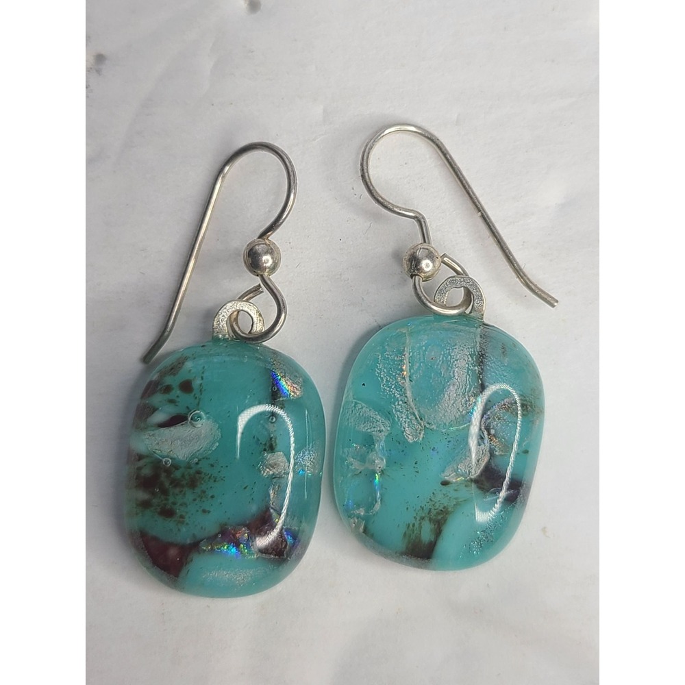 Handmade Turquoise Glass Silvertone Earrings - Unique & Artsy